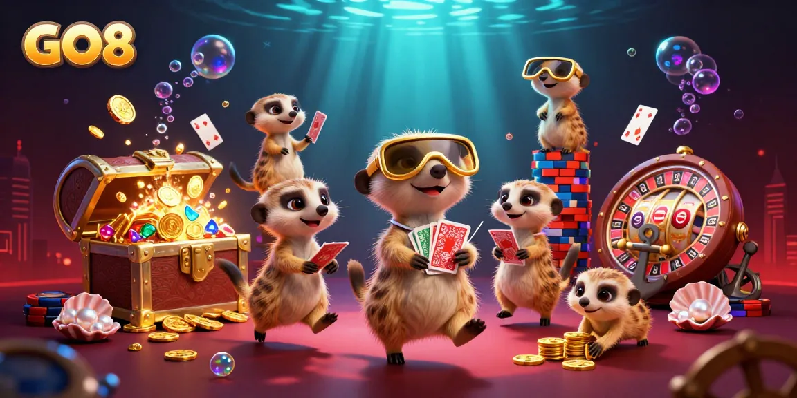Join the fun at GO8's casino with a colony of meerkats managing games and treasure!