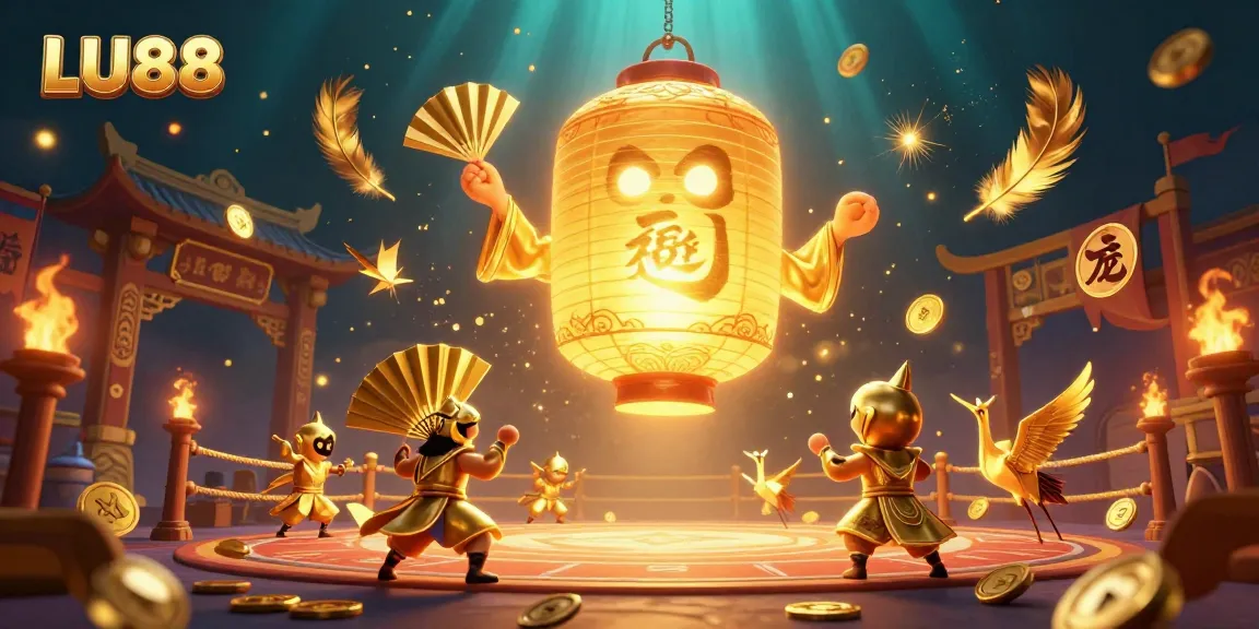 Engage with LU88’s vibrant casino experience featuring golden lanterns, warriors, and thrilling game symbols.
