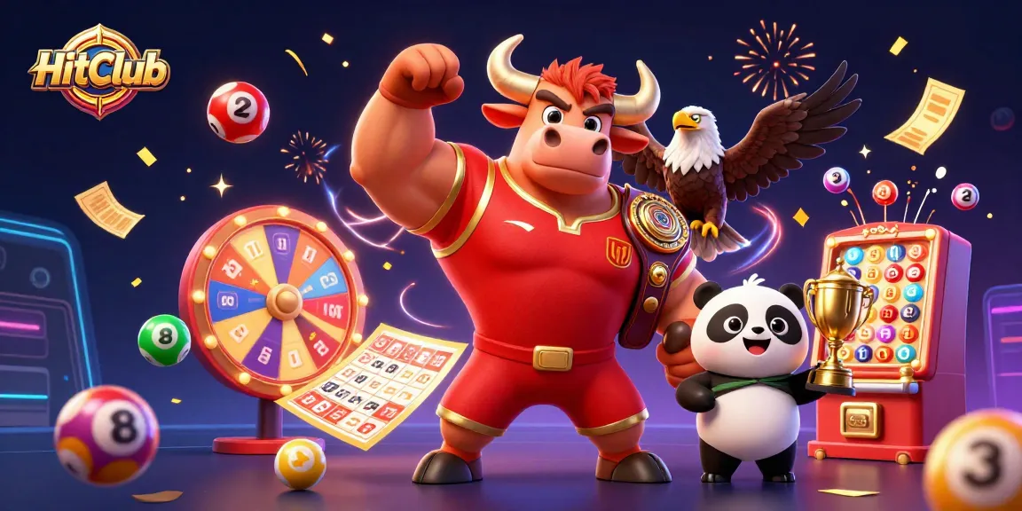 Engage with HitClub's vibrant gaming atmosphere featuring a bull mascot, eagle, and panda celebrating wins.