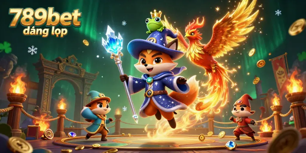 Experience thrilling gameplay at 789bet đăng nhập with a mystical fox wizard and a phoenix in a vibrant casino world.