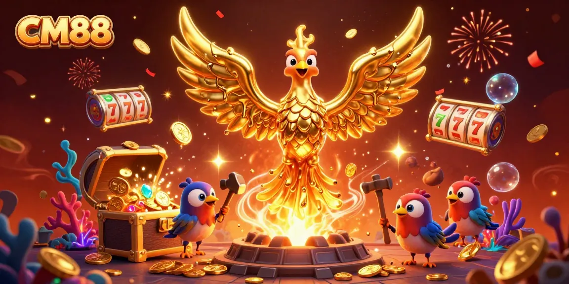 Experience the thrill of CM88 with golden phoenix and exciting slot elements in an action-packed scene.