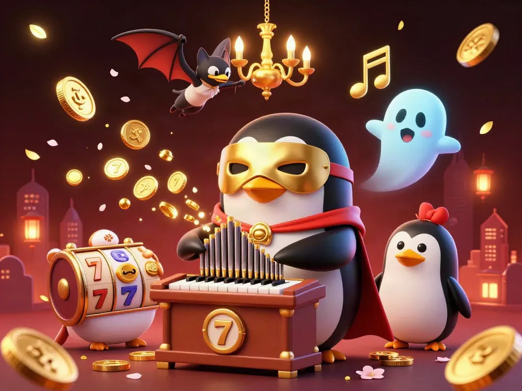 Engage with tupperware-themed casino action through a vibrant 3D illustration of a penguin playing an organ that emits golden coins, enriched with gaming elements.