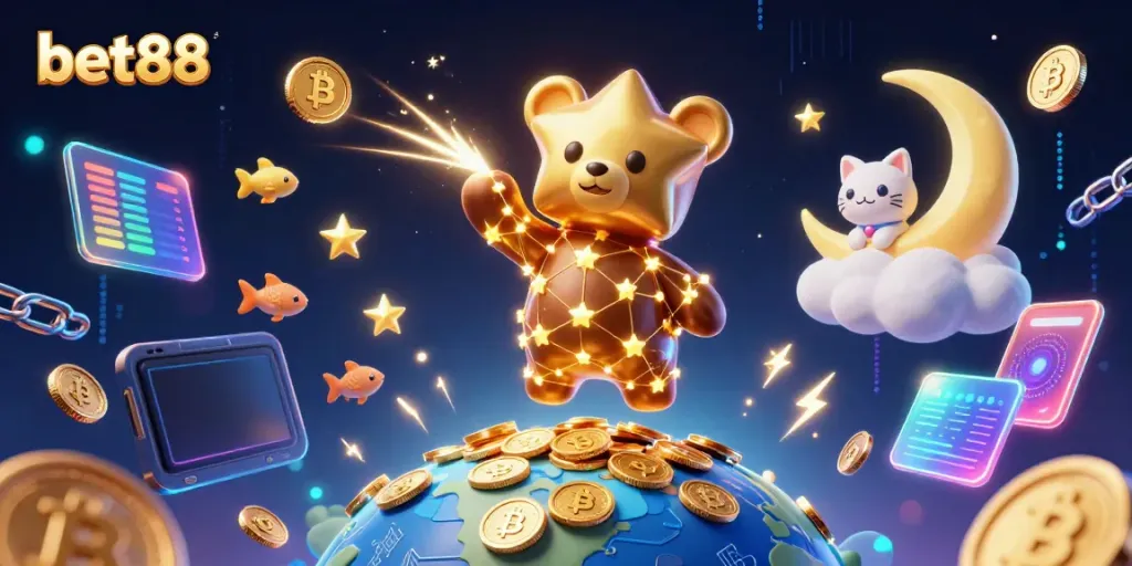 Experience the excitement of bet88 with a vibrant cosmic-themed illustration, showcasing gaming elements.