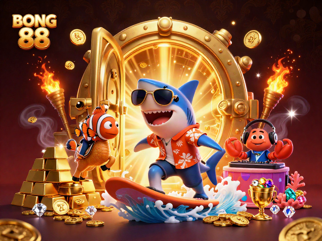 BONG 88 captures a thrilling casino adventure with vibrant characters surfing on gold coins.