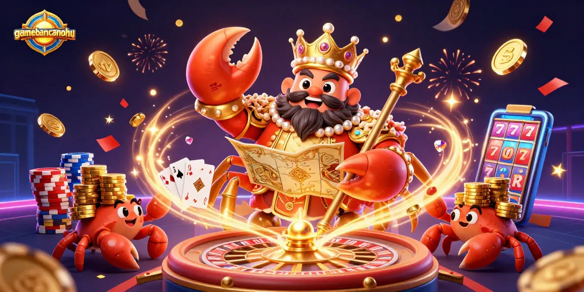 gamebancanohu features a festive 3D crab emperor surrounded by casino elements like tokens and roulette wheels.