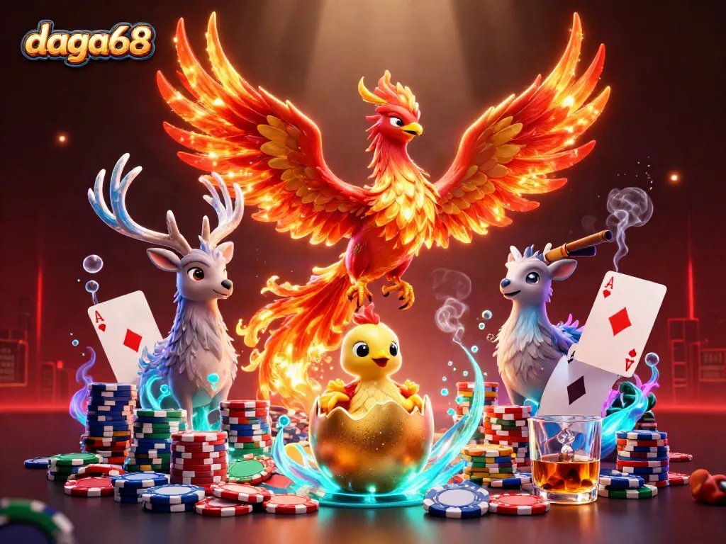 daga68 showcases a vibrant casino scene with a phoenix and poker elements, perfect for online gamblers.