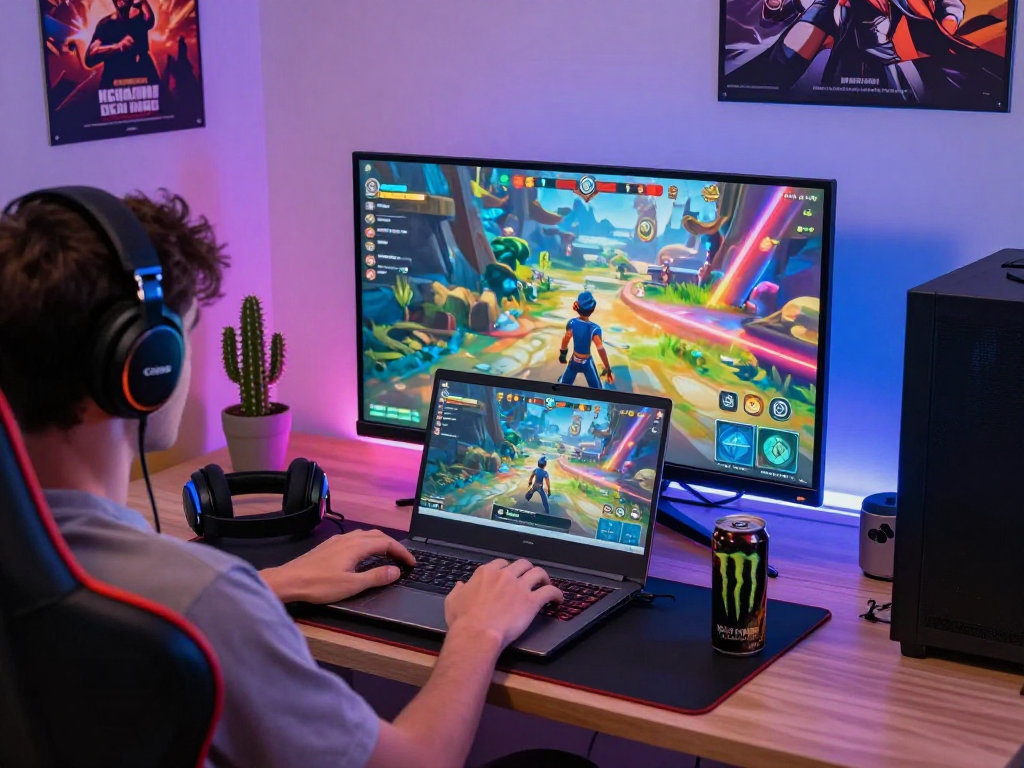 Engaged player enjoying immersive porn games on a modern gaming setup with vibrant visuals.