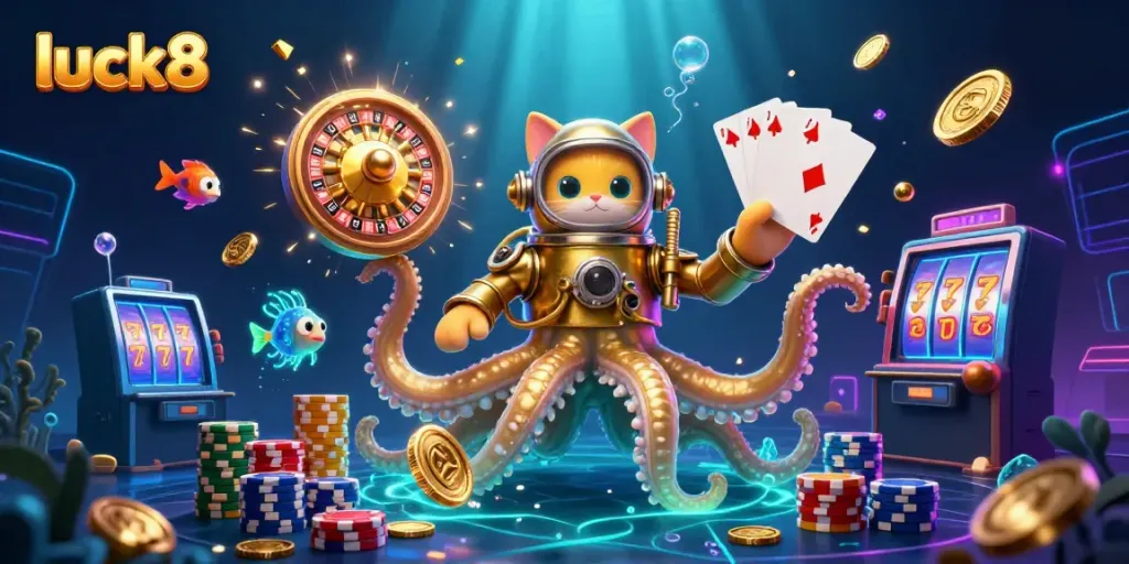 Engage in the thrill of luck8 with a vivid underwater casino scene featuring a cartoon kraken, diving cat, and bioluminescent fish.