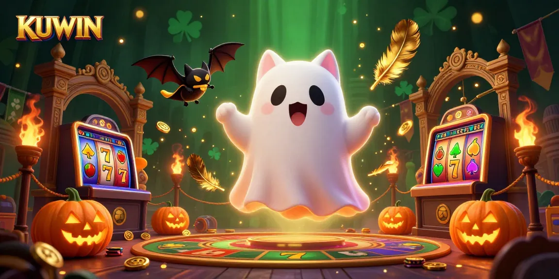 KUWIN invites players to enjoy a vibrant slot game theme featuring ghostly characters and casino elements.