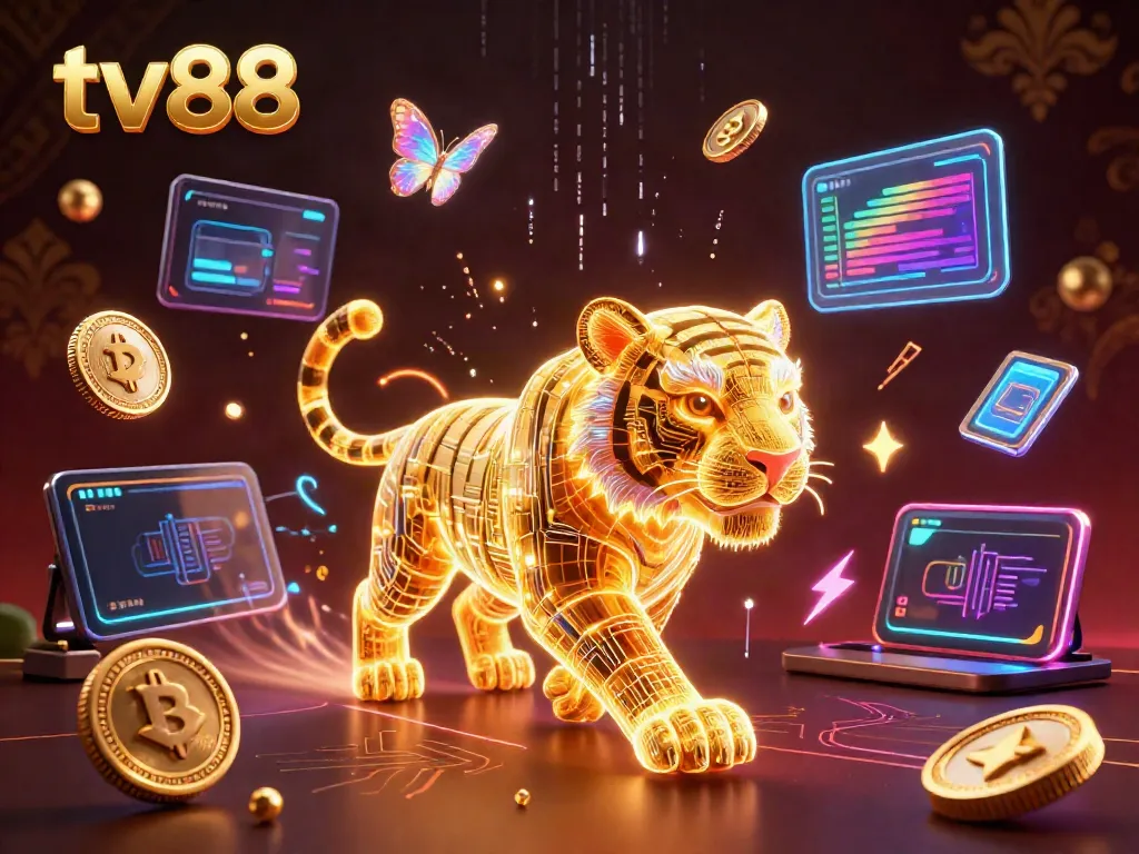 Experience thrilling gameplay at TV88 with a vibrant digital casino scene featuring a golden tiger.