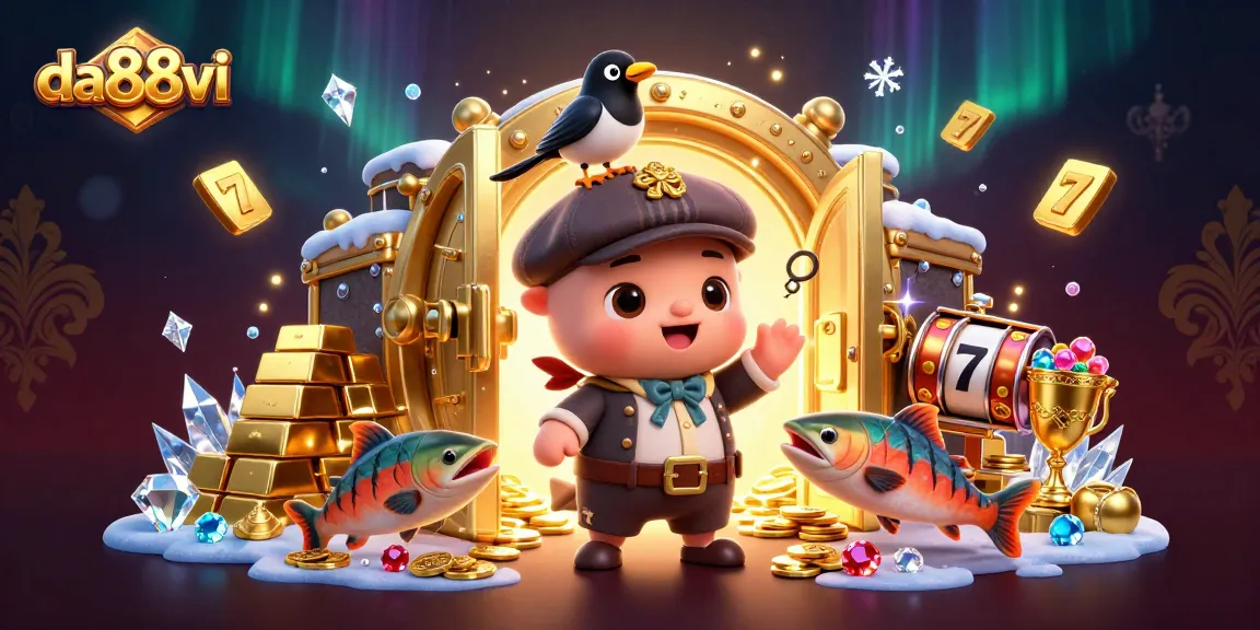 Engage in exciting gameplay at da88vi with slots and colorful treasures amidst playful characters.