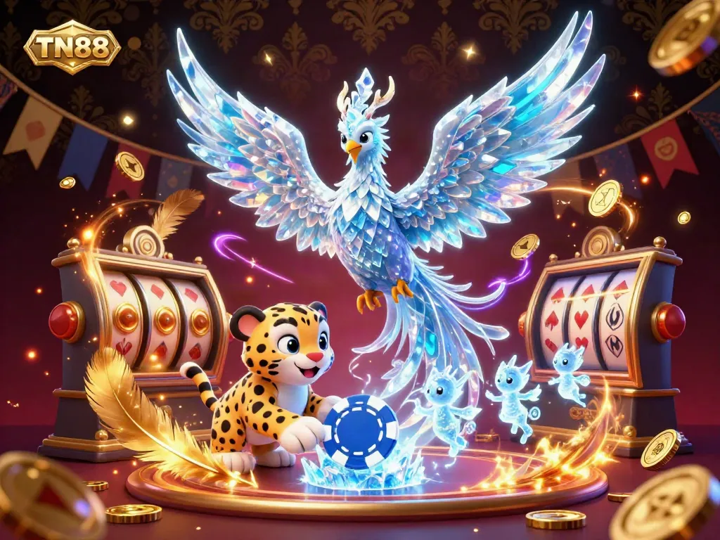 Experience the excitement of TN88 casino action with an animated phoenix and playful snow leopard amidst slot reels.