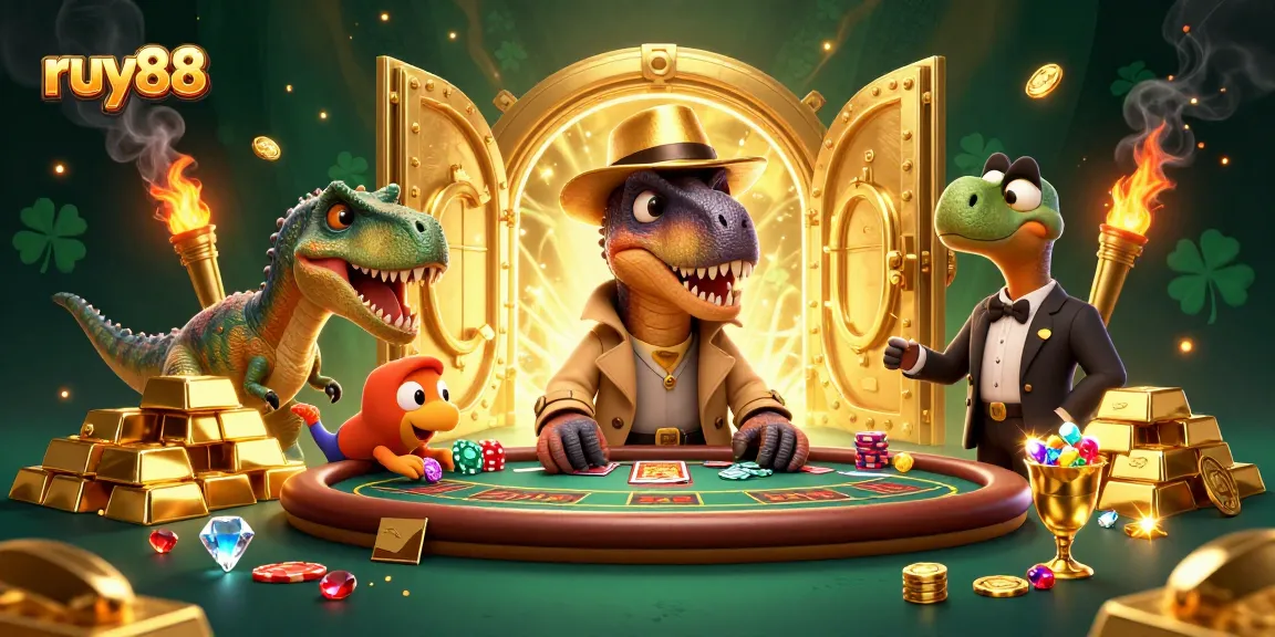 ruy88 players strategizing at a blackjack table with colorful treasures around them