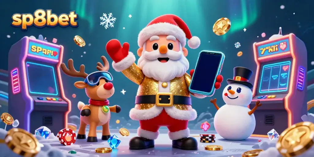 Experience the thrill of sp8bet with Santa, his reindeer dealer, and a poker chip snowman in a vibrant casino.