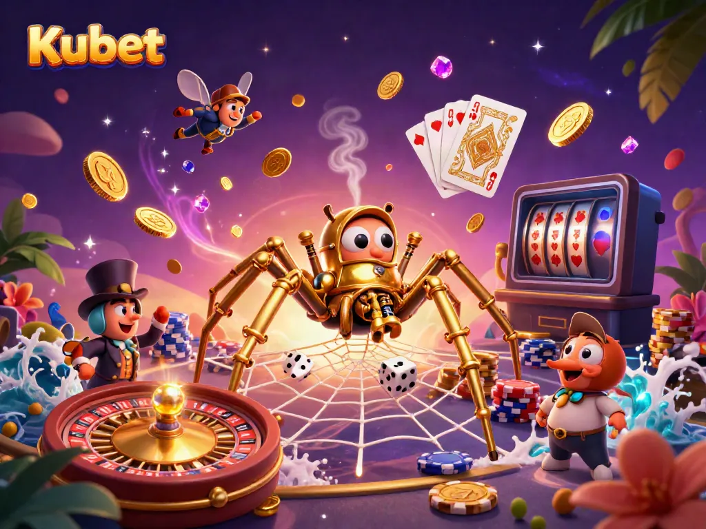Kubet showcases a vibrant 3D steampunk-themed casino scene with captivating elements like poker chips and golden coins.