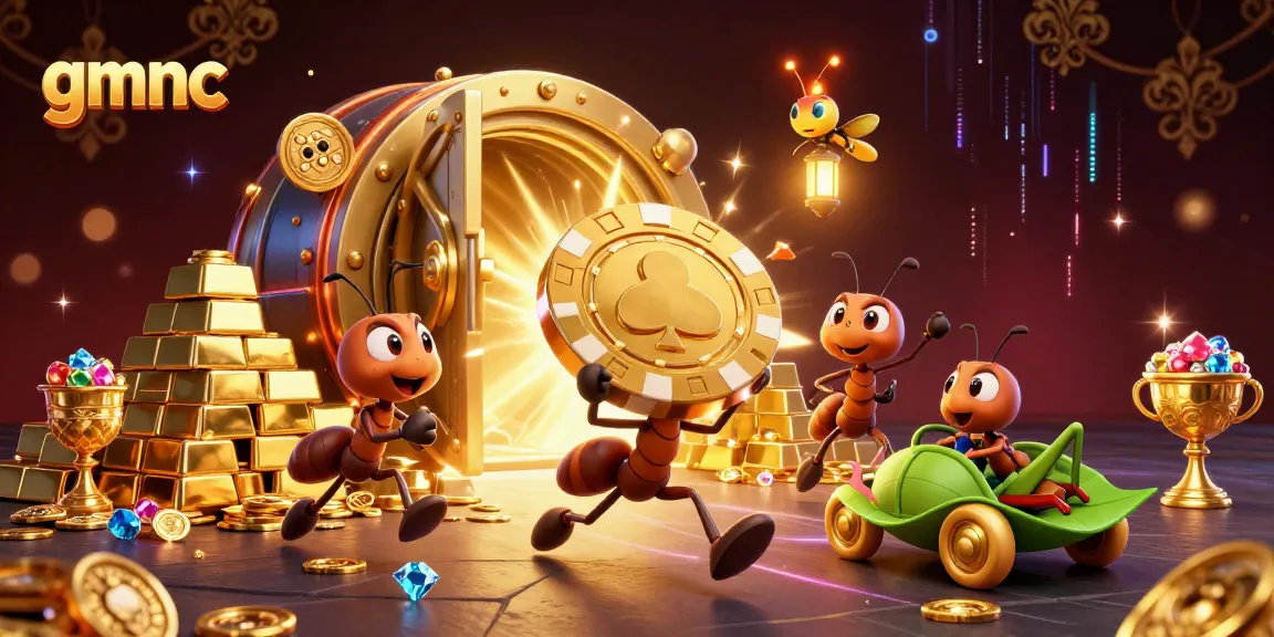 gmnc ants joyfully transporting a giant poker chip amid sparkling casino treasures