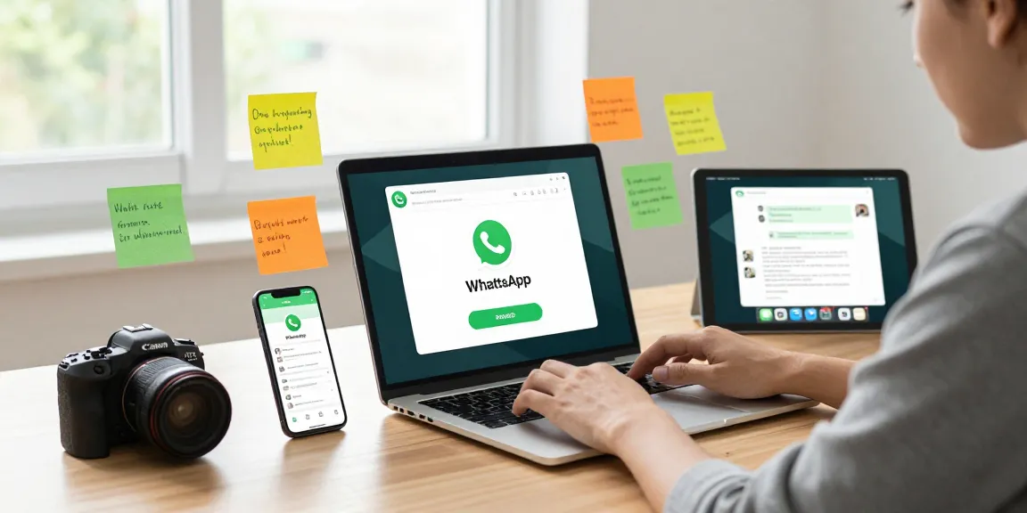 Downloading WhatsApp下載 on a laptop amidst modern digital workspace elements.
