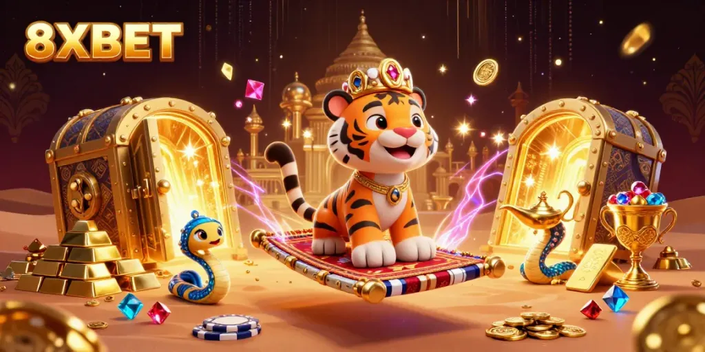 8XBET showcases an exciting Arabian Nights-themed scene with a vibrant tiger sultan on a flying carpet.