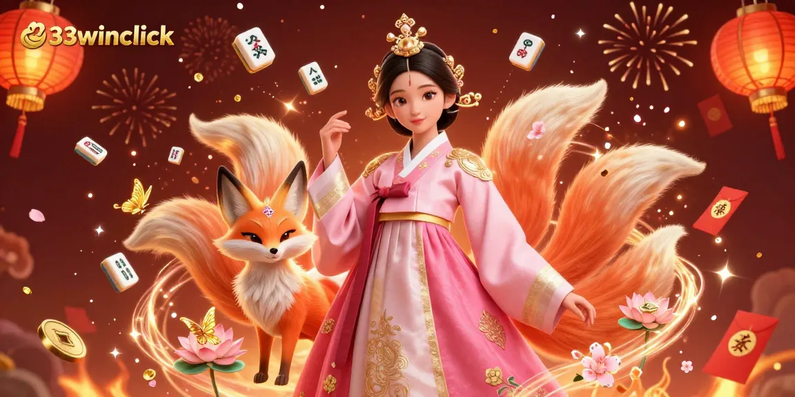 Experience 33winclick's vibrant gambling scene with an elegant Asian woman, lucky fox, and festive elements.