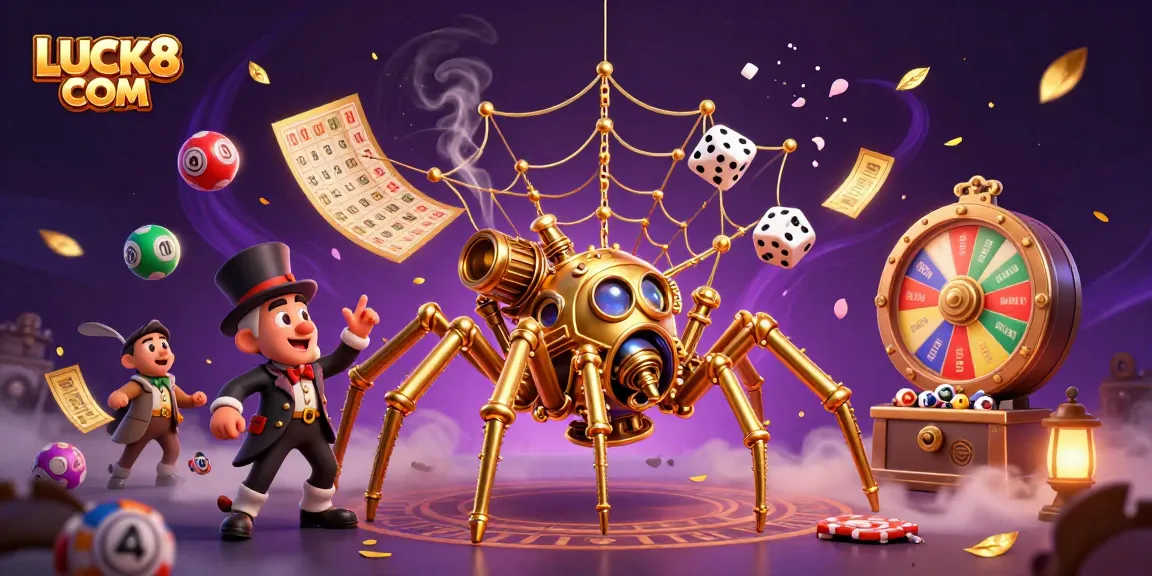 LUCK8 COM showcases a dynamic 3D steampunk spider spinning a web of luck with vibrant casino elements.