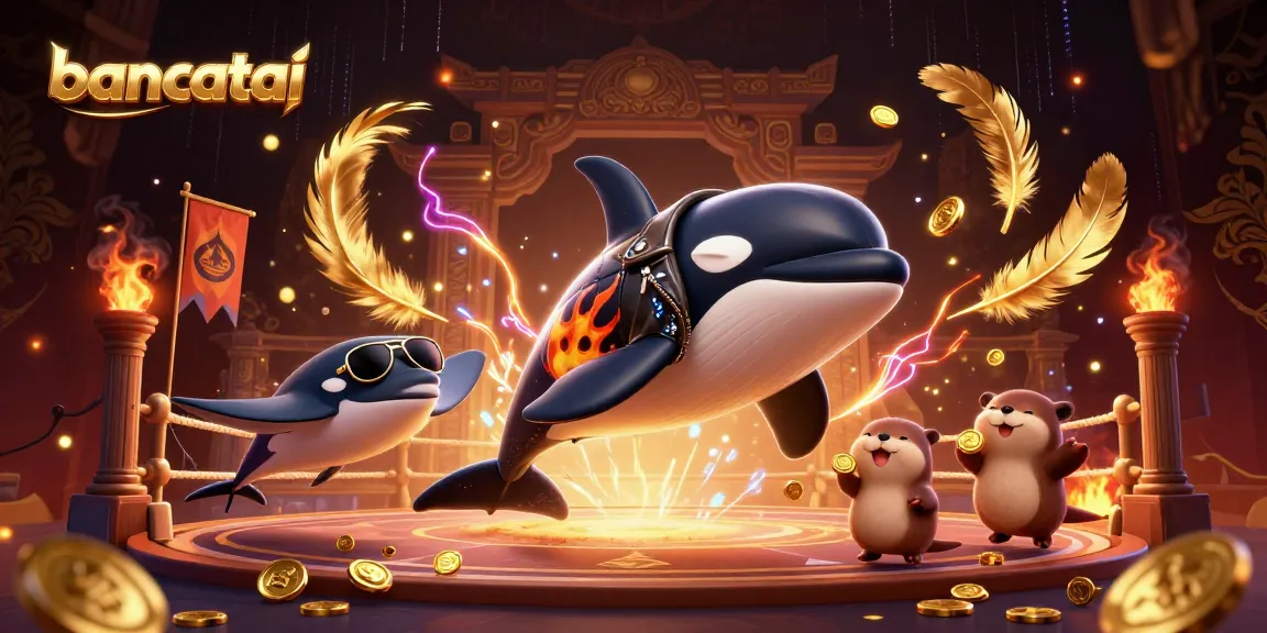 Bancatai showcases a vibrant illustration of a biker orca whale, a stingray, and otters celebrating wins in a casino.