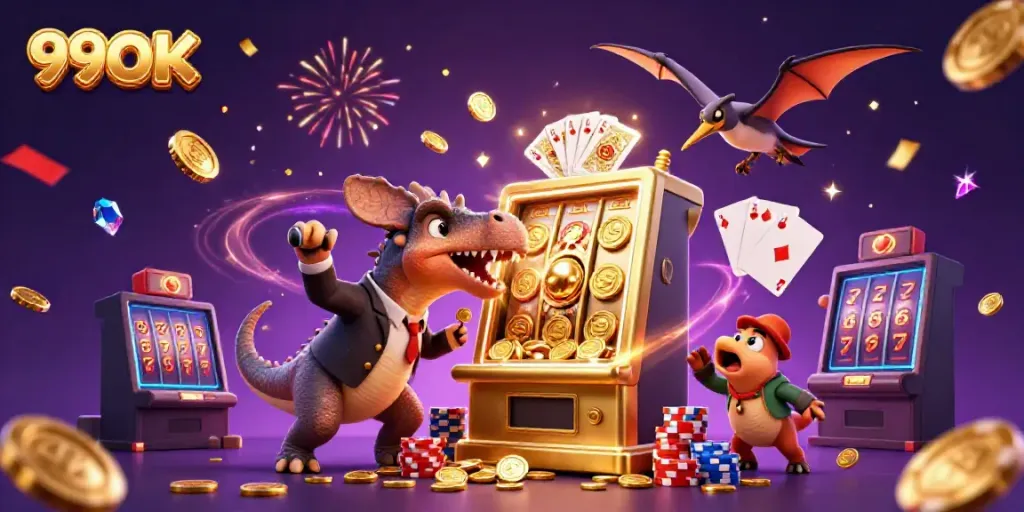 Win big at 99OK as a pachycephalosaurus hits a jackpot on a golden slot machine.
