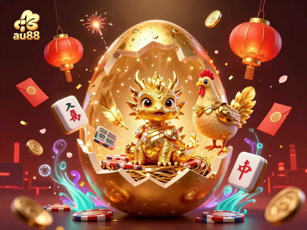 Experience the excitement of au88 with a vibrant scene featuring a golden dragon, poker chips, and festive elements.