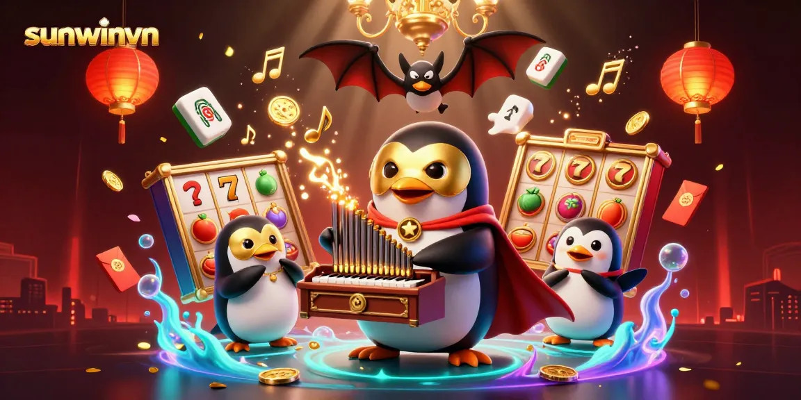 Engage with sunwinvn's vibrant gaming scene featuring a penguin playing slots amid floating elements.