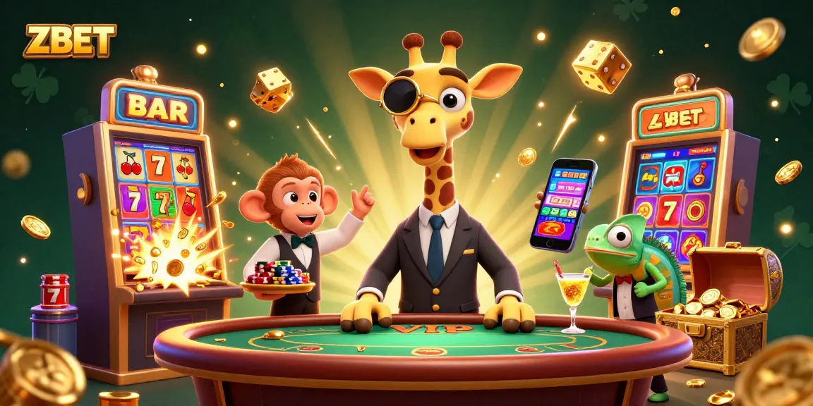 ZBET's majestic giraffe high-roller enjoys the jackpot amidst vibrant casino chaos, embodying winning excitement.