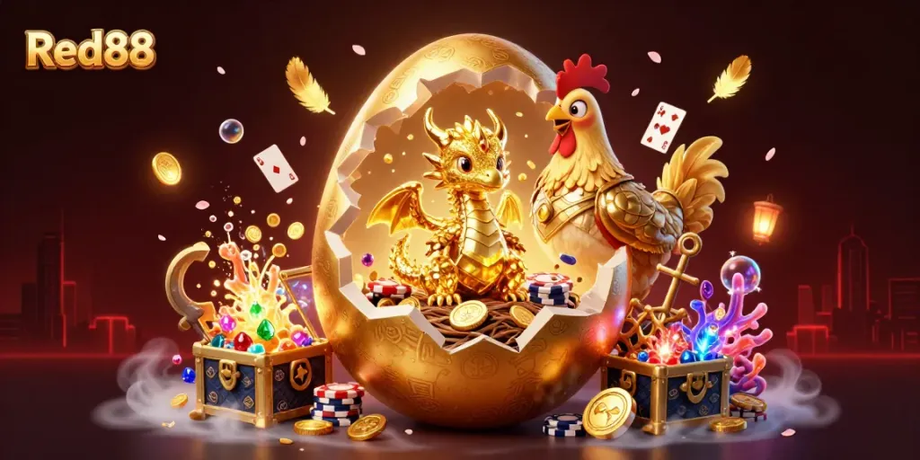 Experience the thrill of gaming at Red88 with a captivating scene featuring a golden dragon and poker chips.