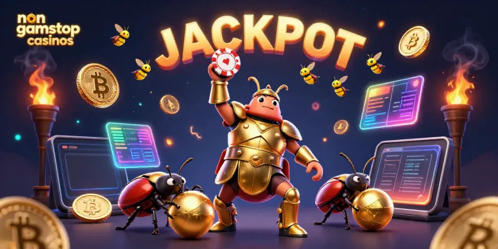 Engage with non gamstop casinos as a cartoon beetle triumphs with poker chips and crypto coins