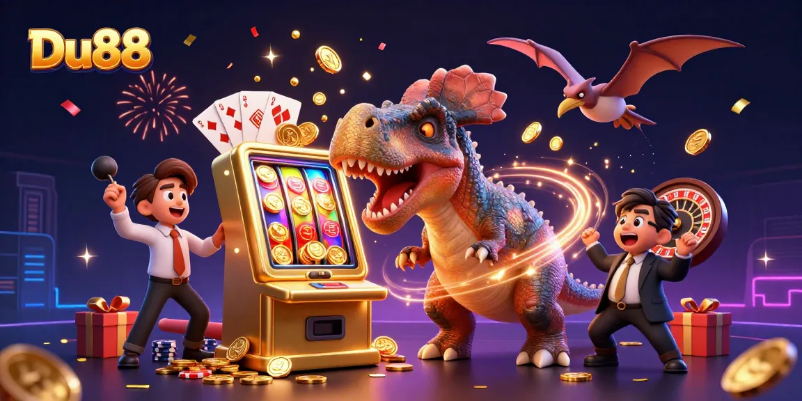 Engage in exhilarating slot action with Du88 as characters celebrate jackpots amidst excitement.