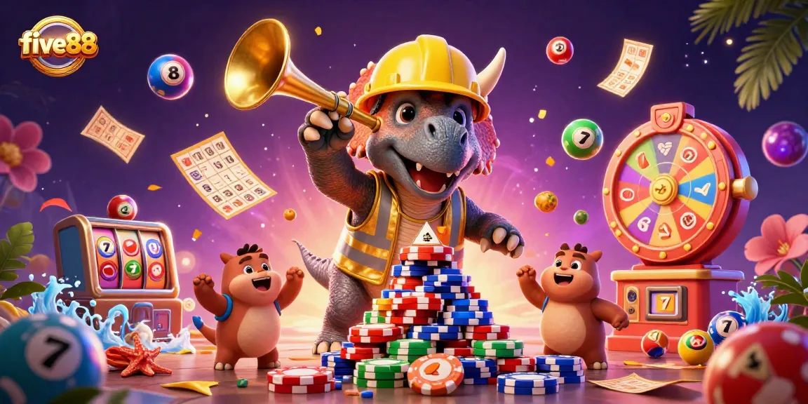 Engage with five88's vibrant casino scene featuring characters celebrating amidst dynamic gaming elements.