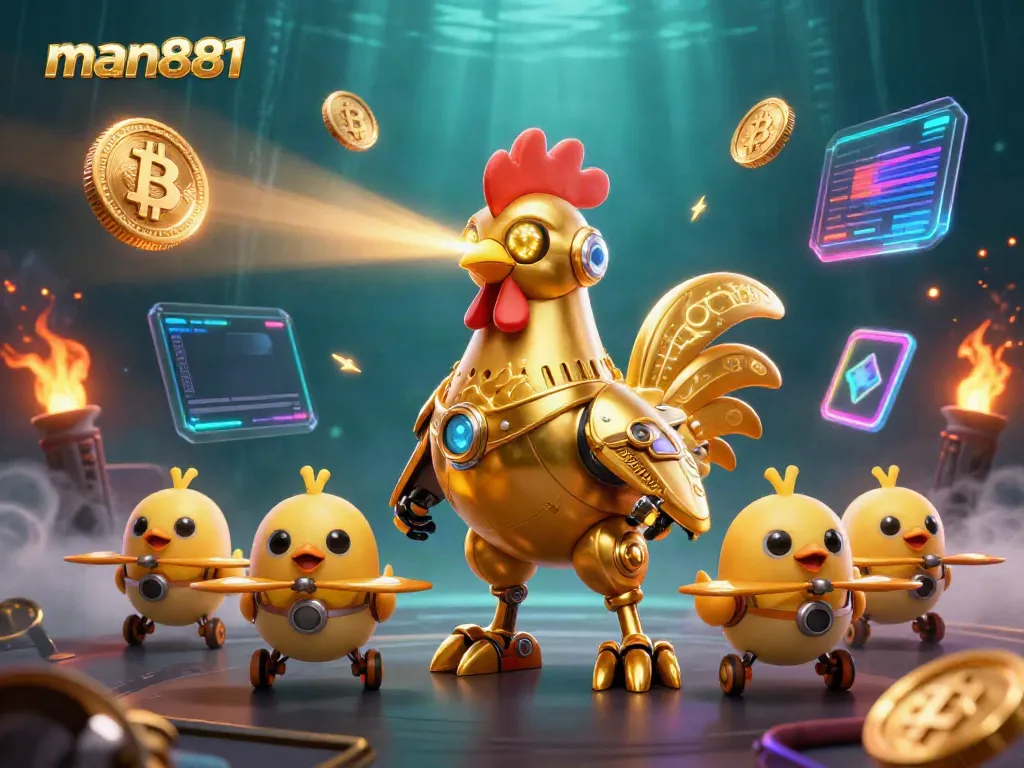 Experience thrilling gameplay at man881 with a dynamic scene of a golden rooster robot and crypto-themed elements.