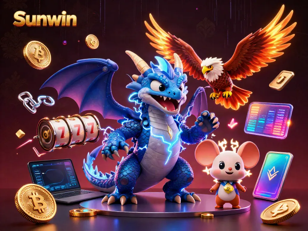 Experience thrilling gaming with Sunwin in a vibrant 3D casino ambiance featuring dynamic elements.