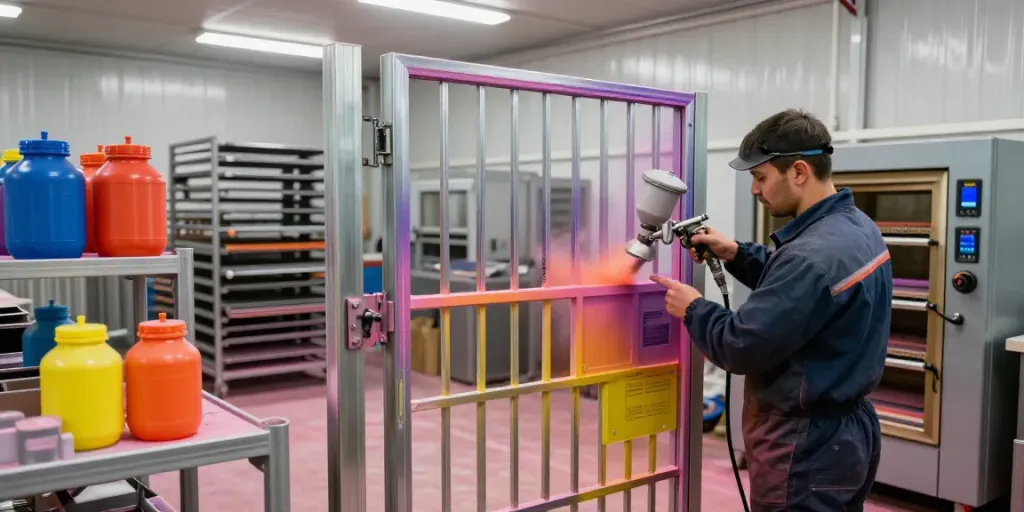 Technician applying powder coating to metal gate in workshop