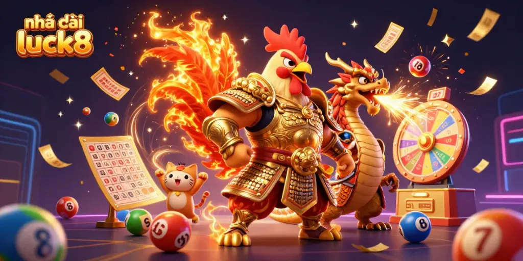 Experience excitement with Nhà cái luck8 as a cartoon rooster warrior and dragon hatchling celebrate gaming wins.