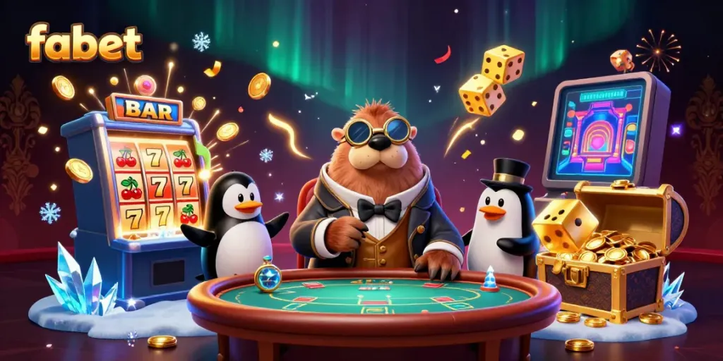 Fabet's engaging underwater casino scene with a jolly walrus, penguin dealer, and pufferfish bluffing at the poker table.