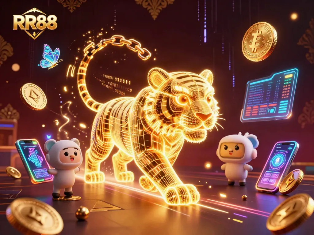 Experience the excitement of RR88 with a vibrant digital casino scene featuring a glowing tiger and cryptocurrency elements.