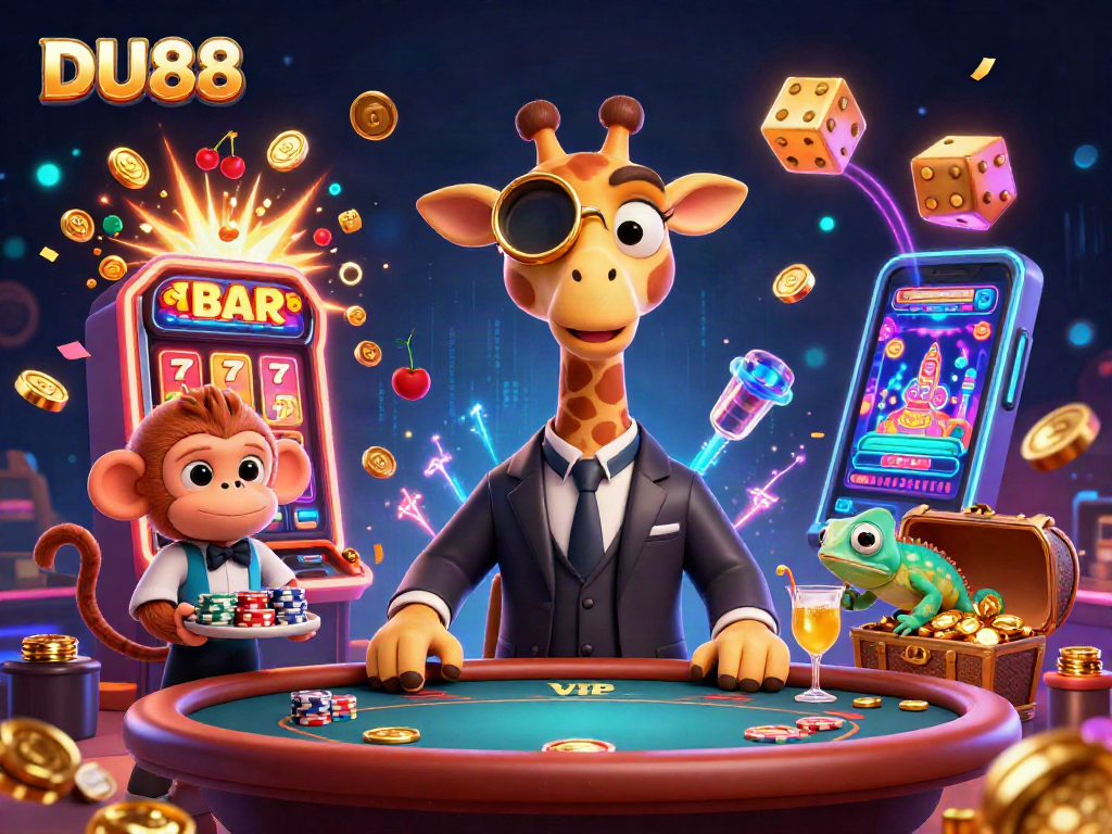 Experience DU88's vibrant casino life with a colorful scene full of animated characters and gaming excitement.