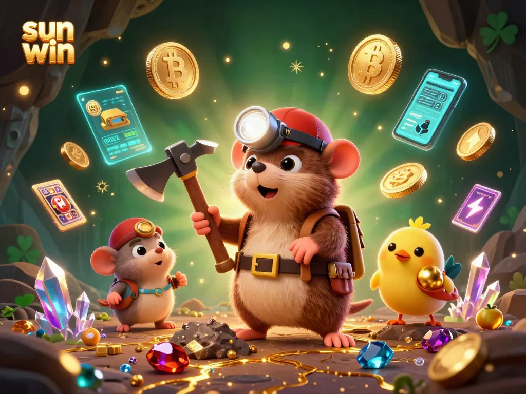 Experience the thrill of sun win with vibrant 3D casino characters amidst dazzling treasures and crypto elements.