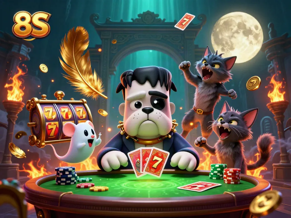 Engage with the thrilling 8S casino scene featuring a Frankenstein bulldog dealing cards and mystical elements.