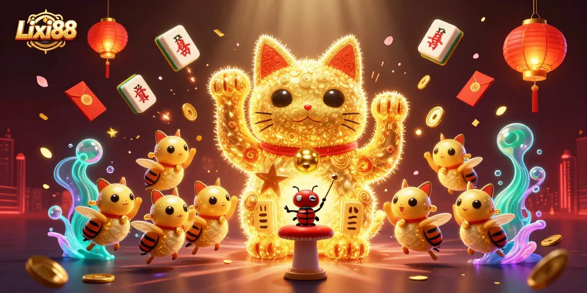 Lixi88 reveals a vibrant casino world with a giant lucky cat and dazzling symbols, captivating players.