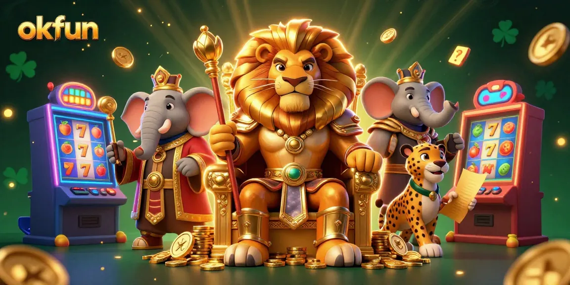 Experience thrilling casino action with okfun in this vibrant scene featuring a lion king and lucky slot machines.
