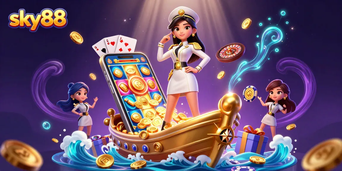 Experience thrilling gaming at sky88 with a dynamic scene featuring an Asian naval officer in a casino, surrounded by games.