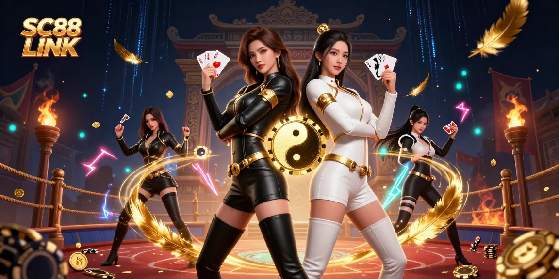 Experience thrilling gameplay with the SC88 LINK, featuring two dynamic Asian women with cards amidst a vibrant casino scene.