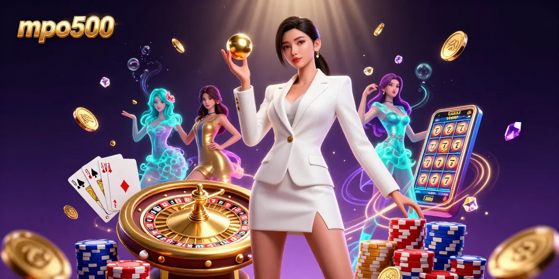 Experience exciting gameplay with mpo500 as a confident Asian woman showcases a golden roulette ball amidst dynamic casino elements.