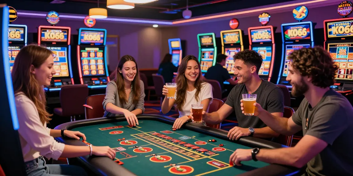Exciting gaming experience at KO66 Casino with friends at table games and slots under vibrant neon lights.