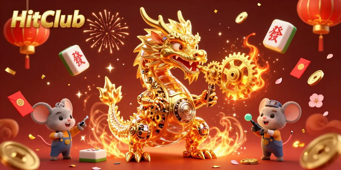 HitClub showcases a 3D golden dragon in a vibrant casino scene filled with gaming elements.