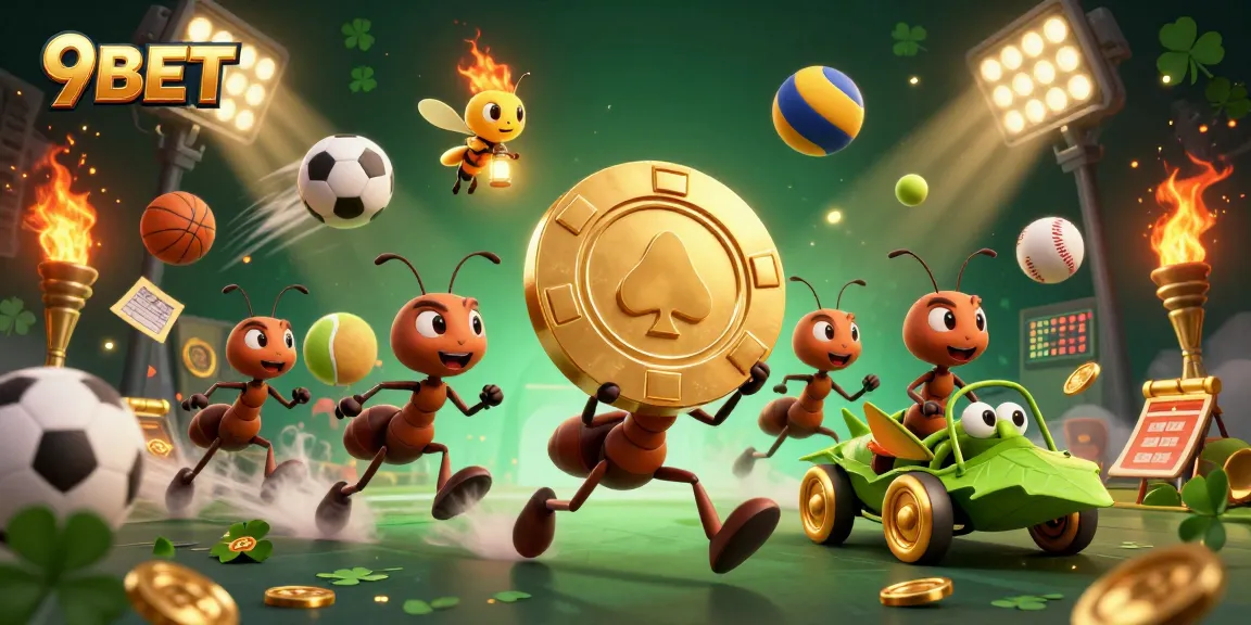 Experience thrilling wins at 9BET with our dynamic casino heist illustration featuring ants and golden elements.
